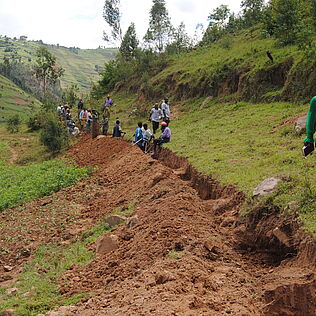 Dorfbewohner in Uganda graben einen Kanal, um ihre Felder vor Erosion und Überschwemmung zu schützen.