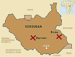 Landkarte des Südsudans. Ein rotes Kreuz zeigt, wo TearFund aktiv ist.