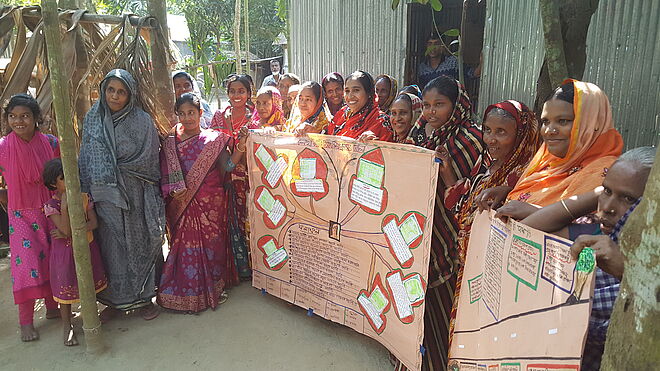 Frauen aus Bangladesch präsentieren, was sie in verschiedenen Schulungen gelernt haben