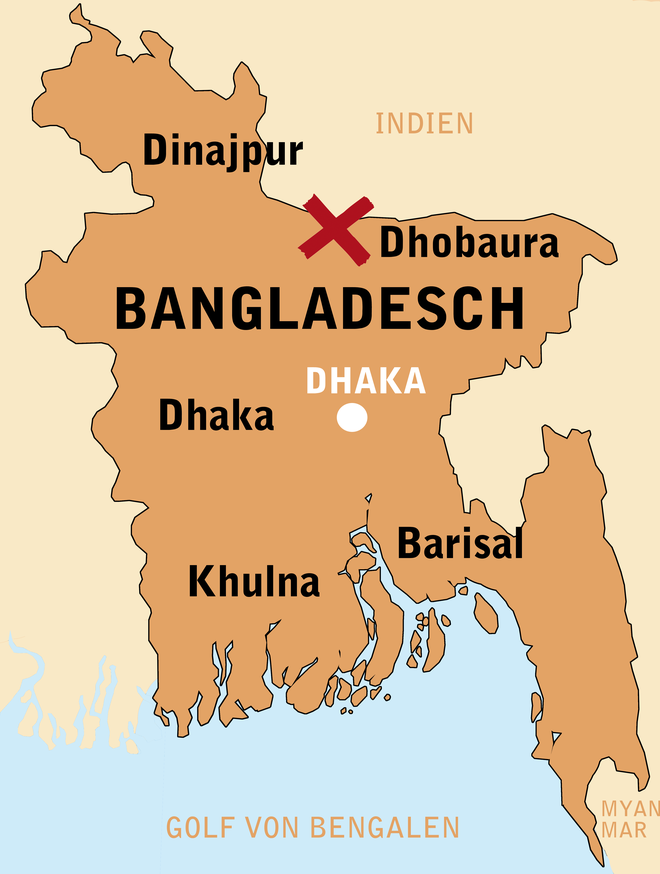 Landkarte von Bangladesch. Ein rotes Kreuz zeigt, wo TearFund aktiv ist.
