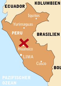 Landkarte von Peru. Ein rotes Kreuz zeigt, wo TearFund aktiv ist.