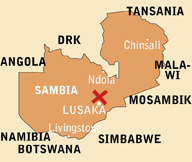 Landkarte von Sambia. Ein rotes Kreuz zeigt, wo TearFund aktiv ist.