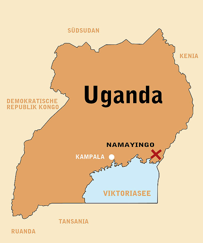 Die Landkarte von Uganda. Das rote TearFund-Kreuz zeigt, wo unsere Partnerorganisation und wir aktiv sind.