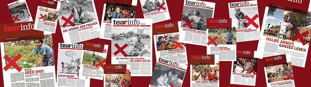 Sie befinden sich im Bereich Medien, Publikationen: tearinfo Collage mit verschiedenen Covers des Magazins tearinfo