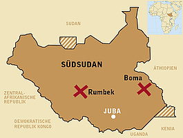 Landkarte von Südsudan - die Kreuze zeigen, in welchen Gebieten TearFund arbeitet