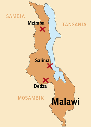 Die Landkarte von Malawi. Die roten Kreuze zeigen, wo TearFund aktiv ist 